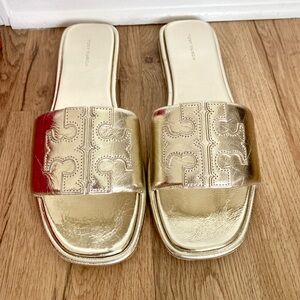 Tory Burch Double T Sport Gold Slide Sandals